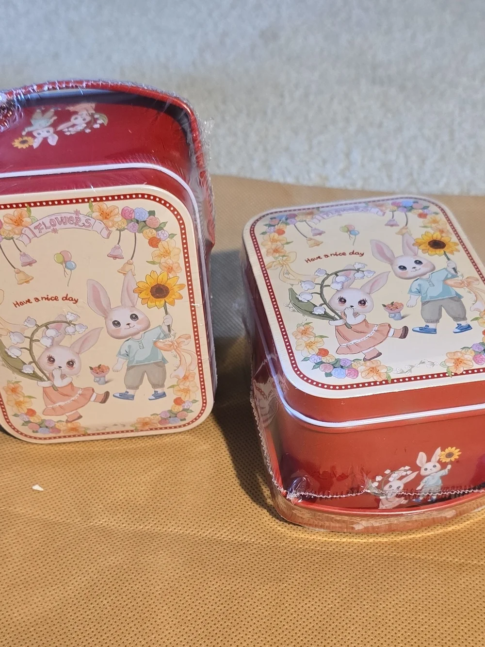 Red Bunny-Themed Metal Storage Tin for Kids